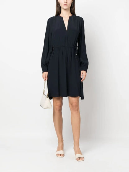 Ruched V-Neck Long-Sleeved Dress