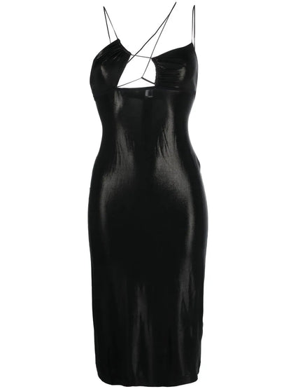 Glossy Asymmetric-Neck Dress