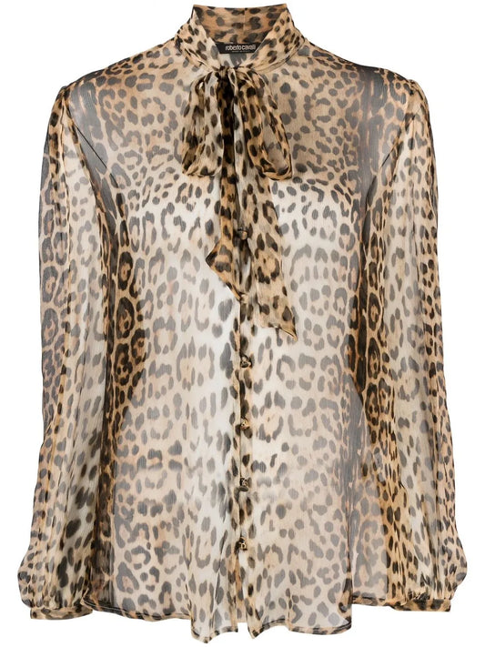 Leopard-Print Sheer Pussybow Blouse