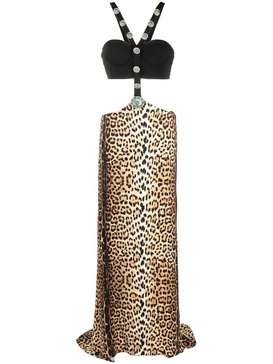 Leopard-Print Panelled Maxi Dress