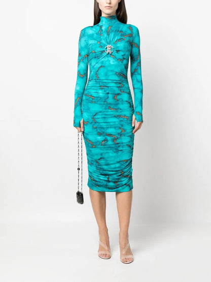 Marble-Print Bodycon Midi Dress