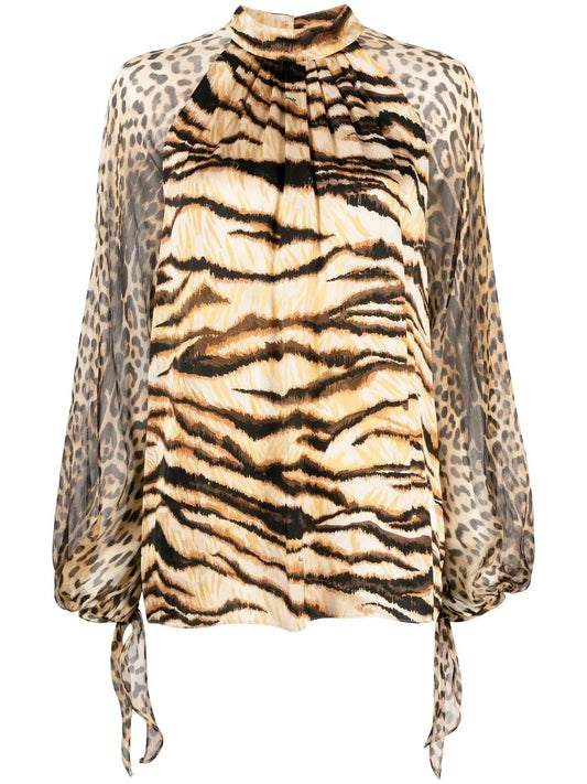 Animal-Print Puff-Sleeve Blouse