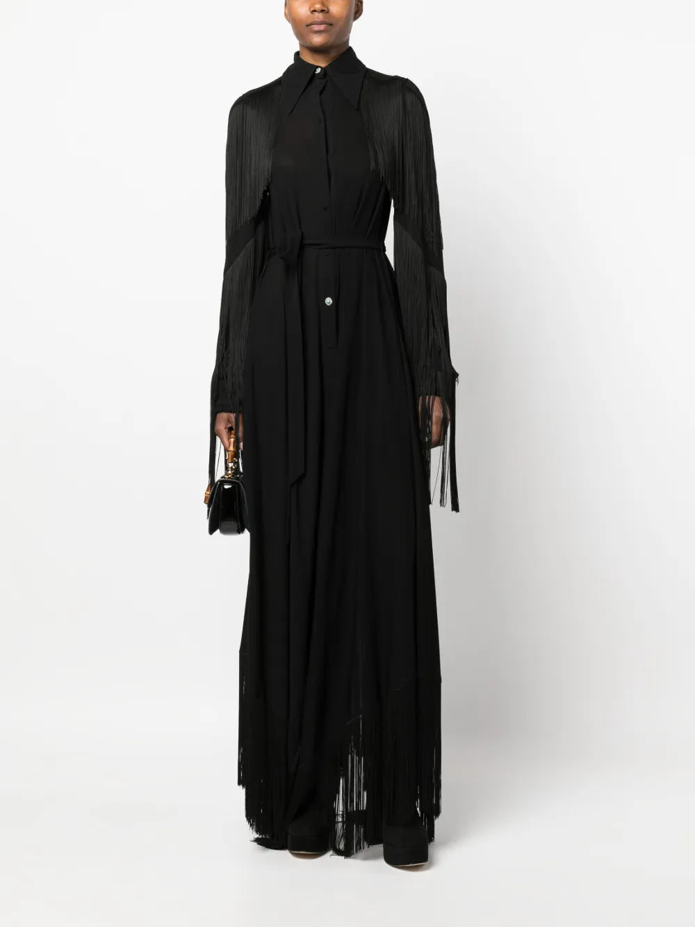 Fringe-Detail Belted Maxi Dress