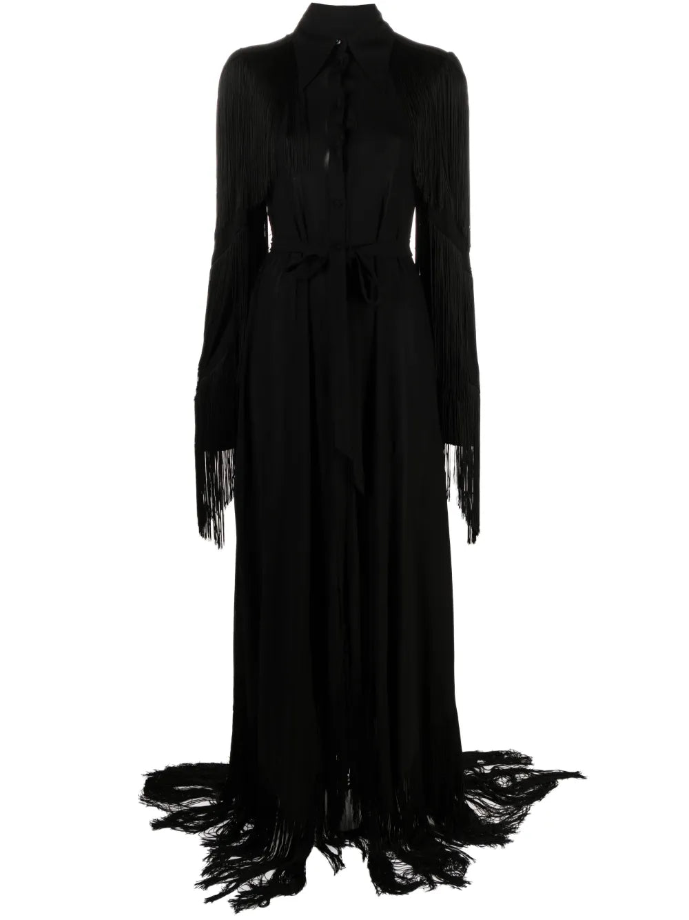 Fringe-Detail Belted Maxi Dress