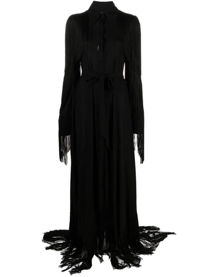 Fringe-Detail Belted Maxi Dress