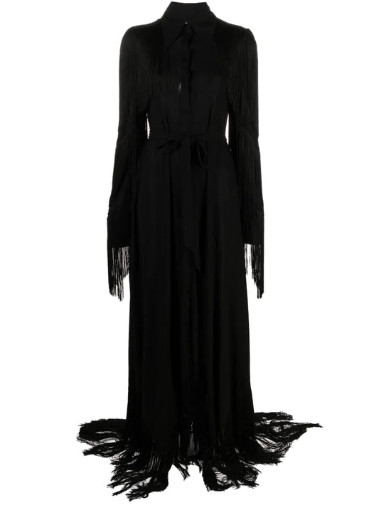Fringe-Detail Belted Maxi Dress