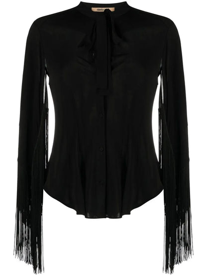 Fringe Cuffs Tie-Collar Shirt