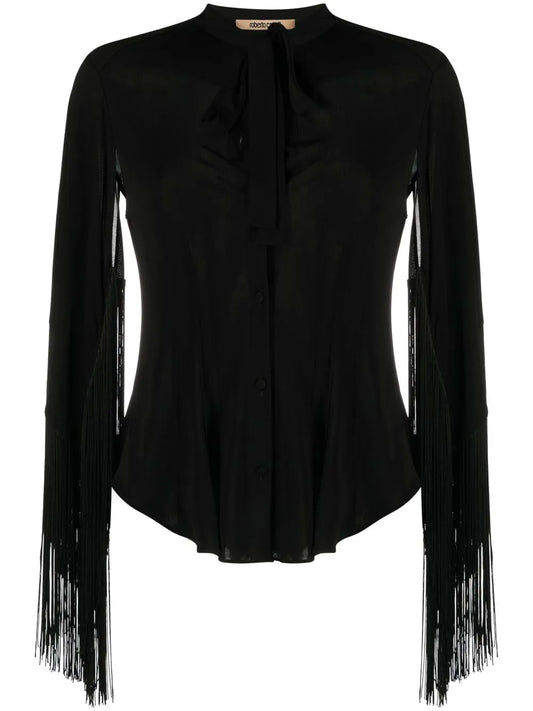 Fringe Cuffs Tie-Collar Shirt