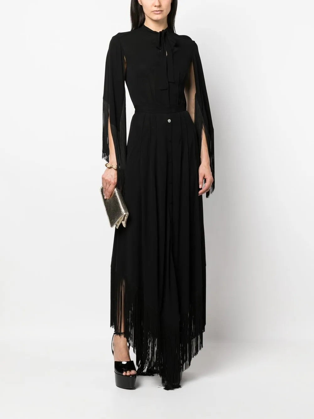 Fringe Cuffs Tie-Collar Shirt
