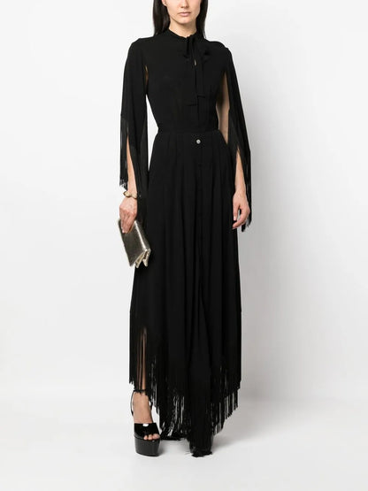 Fringe Cuffs Tie-Collar Shirt