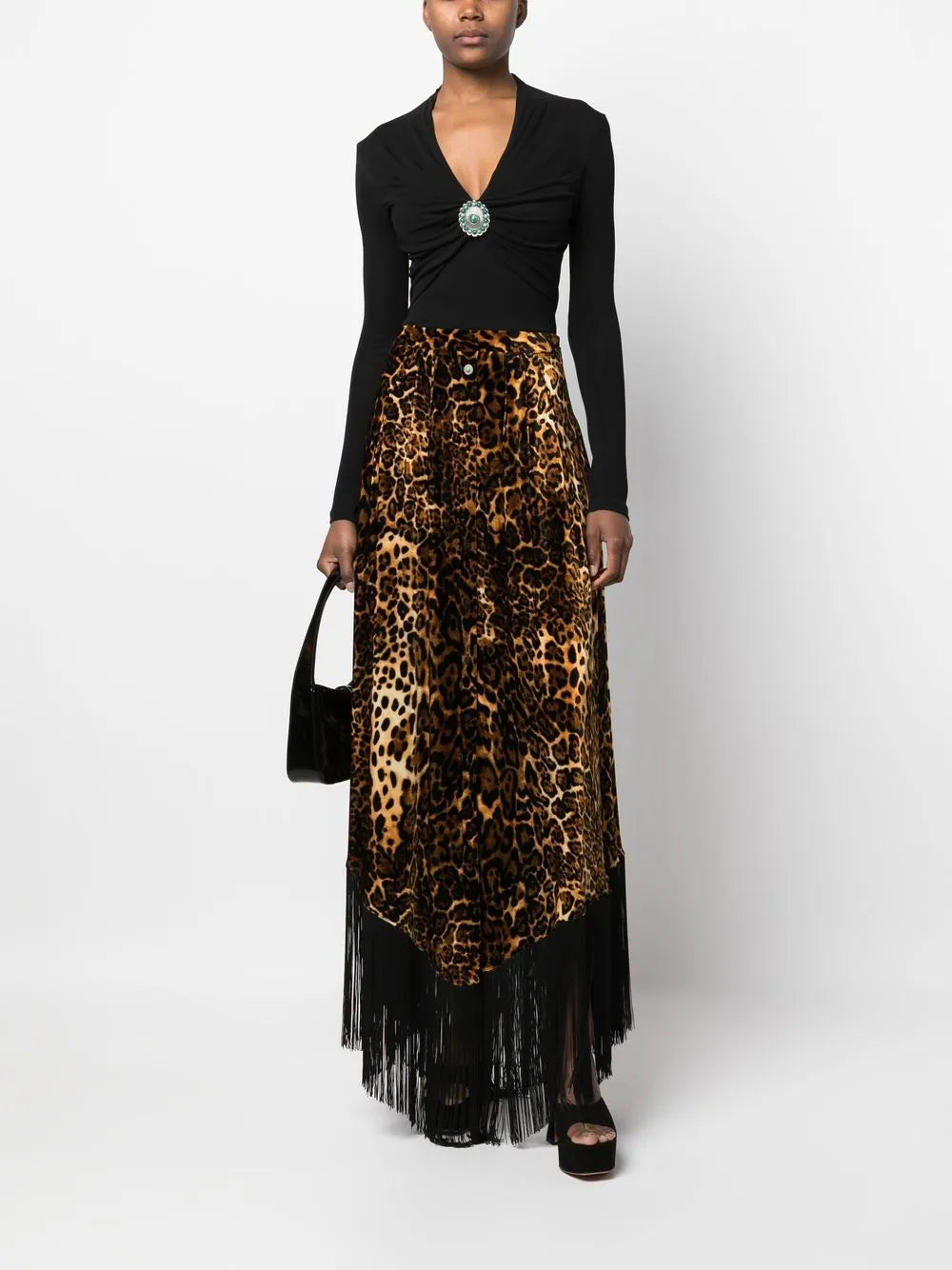 Fringed Leopard-Print Maxi Skirt