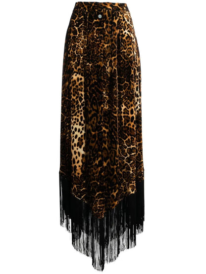 Fringed Leopard-Print Maxi Skirt