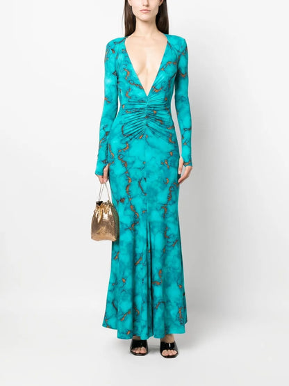 Ruched Marble-Print Dress