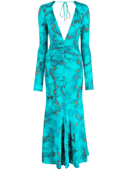 Ruched Marble-Print Dress