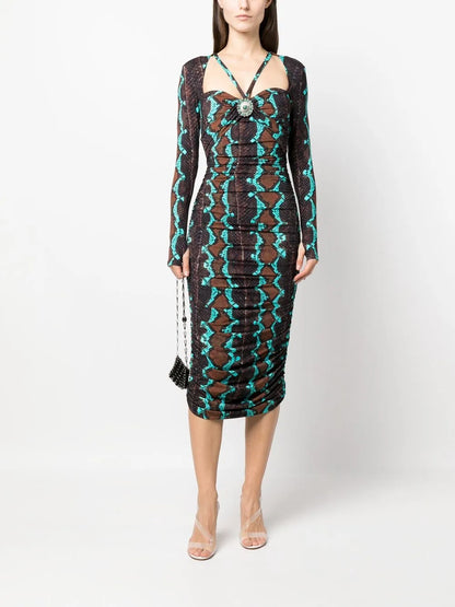 Snakeskin-Print Bodycon Midi Dress