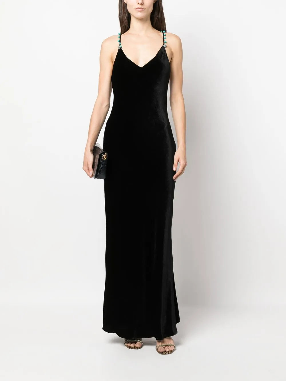 Bead-Embellished V-Neck Velvet Dress