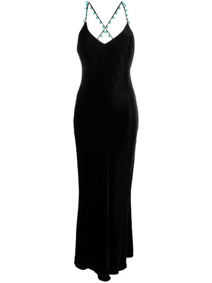 Bead-Embellished V-Neck Velvet Dress