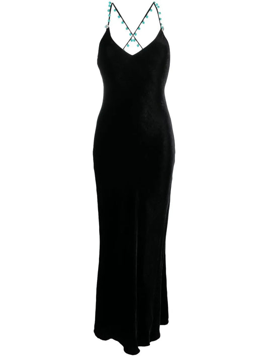 Bead-Embellished V-Neck Velvet Dress