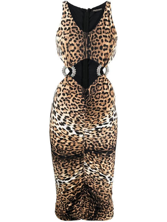 Leopard-Print Cut-Out Midi Dress