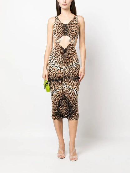 Leopard-Print Cut-Out Midi Dress