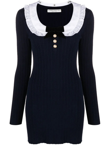 Lace-Collar Ribbed-Knit Minidress