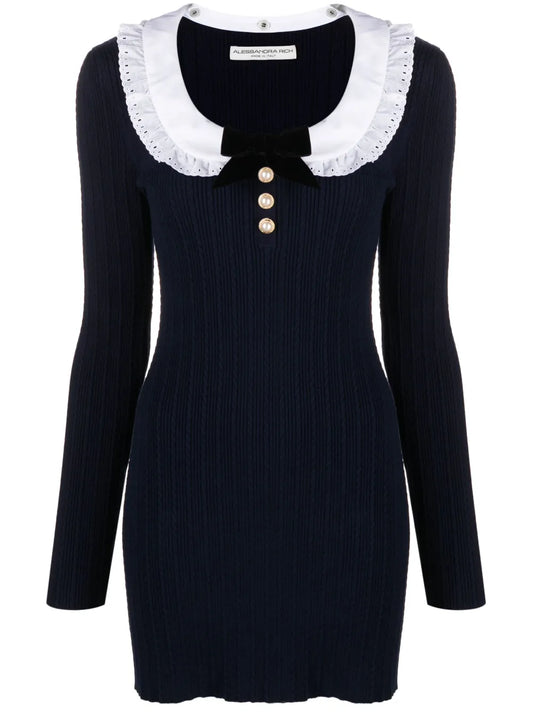 Lace-Collar Ribbed-Knit Minidress