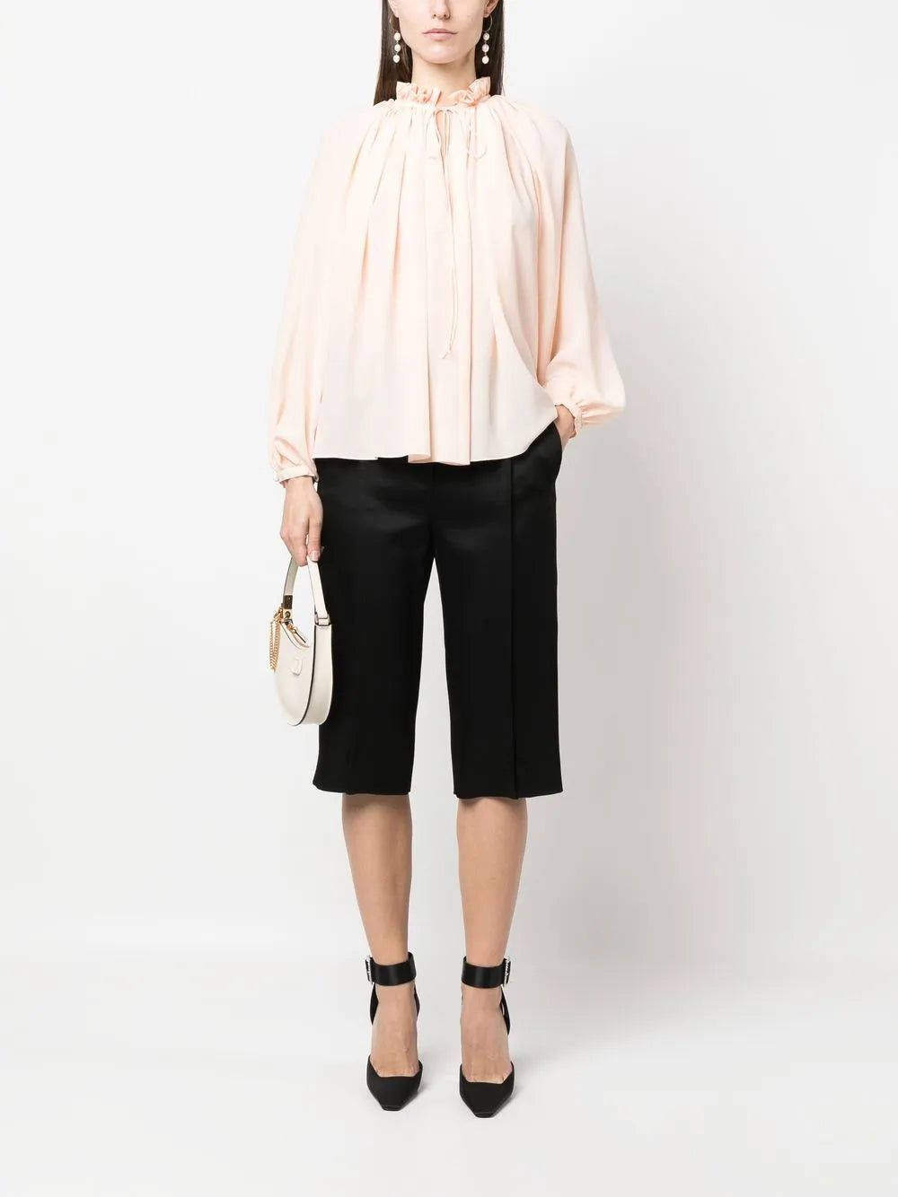 Pleated-Neckline Silk Blouse