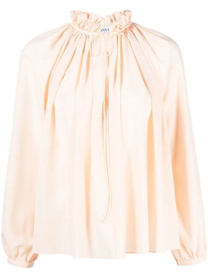Pleated-Neckline Silk Blouse