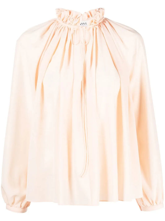 Pleated-Neckline Silk Blouse