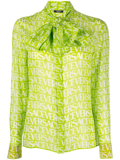 Pussy-Bow Logo-Print Blouse