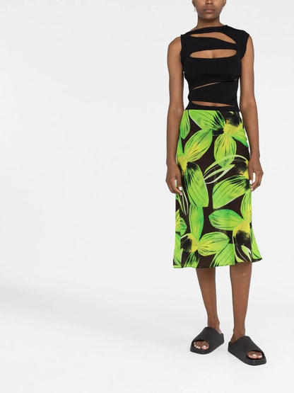 Leaf-Print Midi Skirt