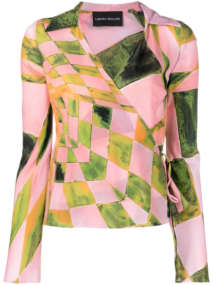 Graphic-Print Silk-Blend Wrap Blouse
