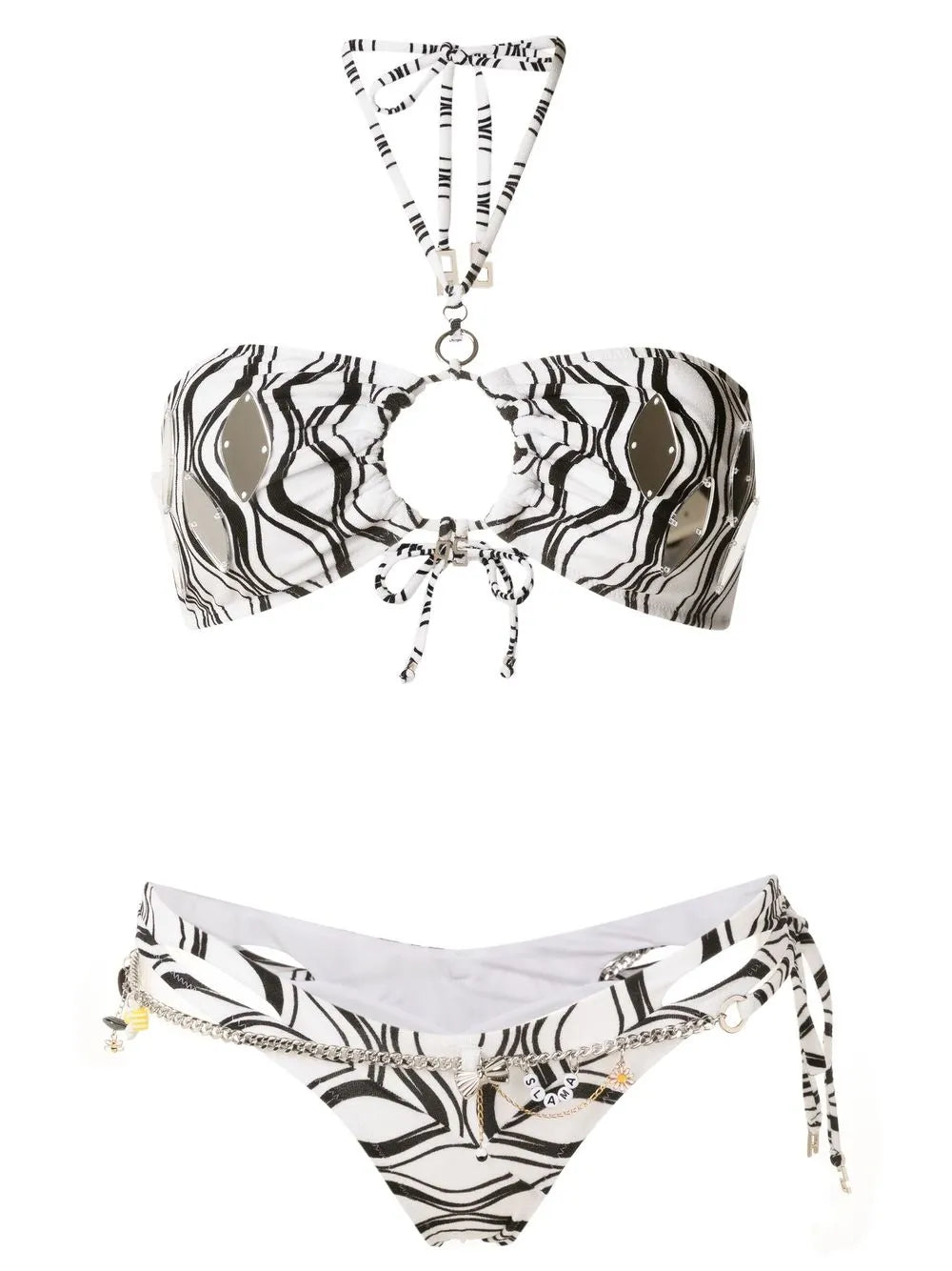 Wave-Print Chain-Detail Bikini Set