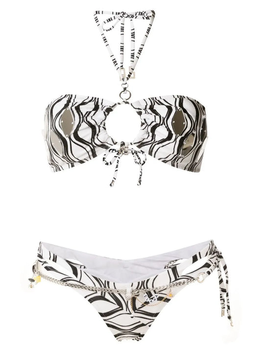 Wave-Print Chain-Detail Bikini Set