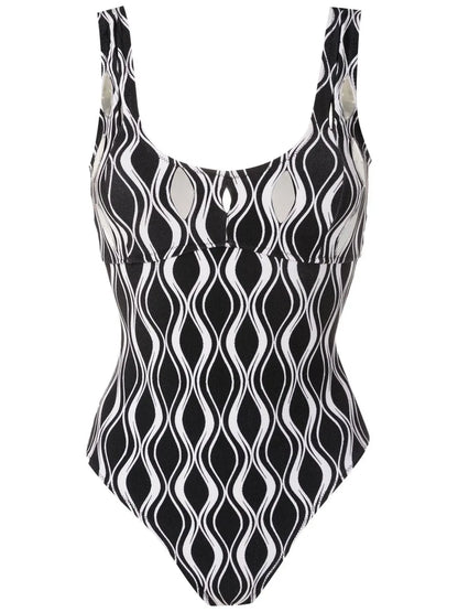 Wave-Print Hardware-Detail Swimsuit