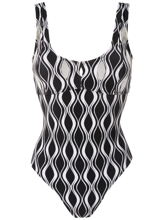 Wave-Print Hardware-Detail Swimsuit
