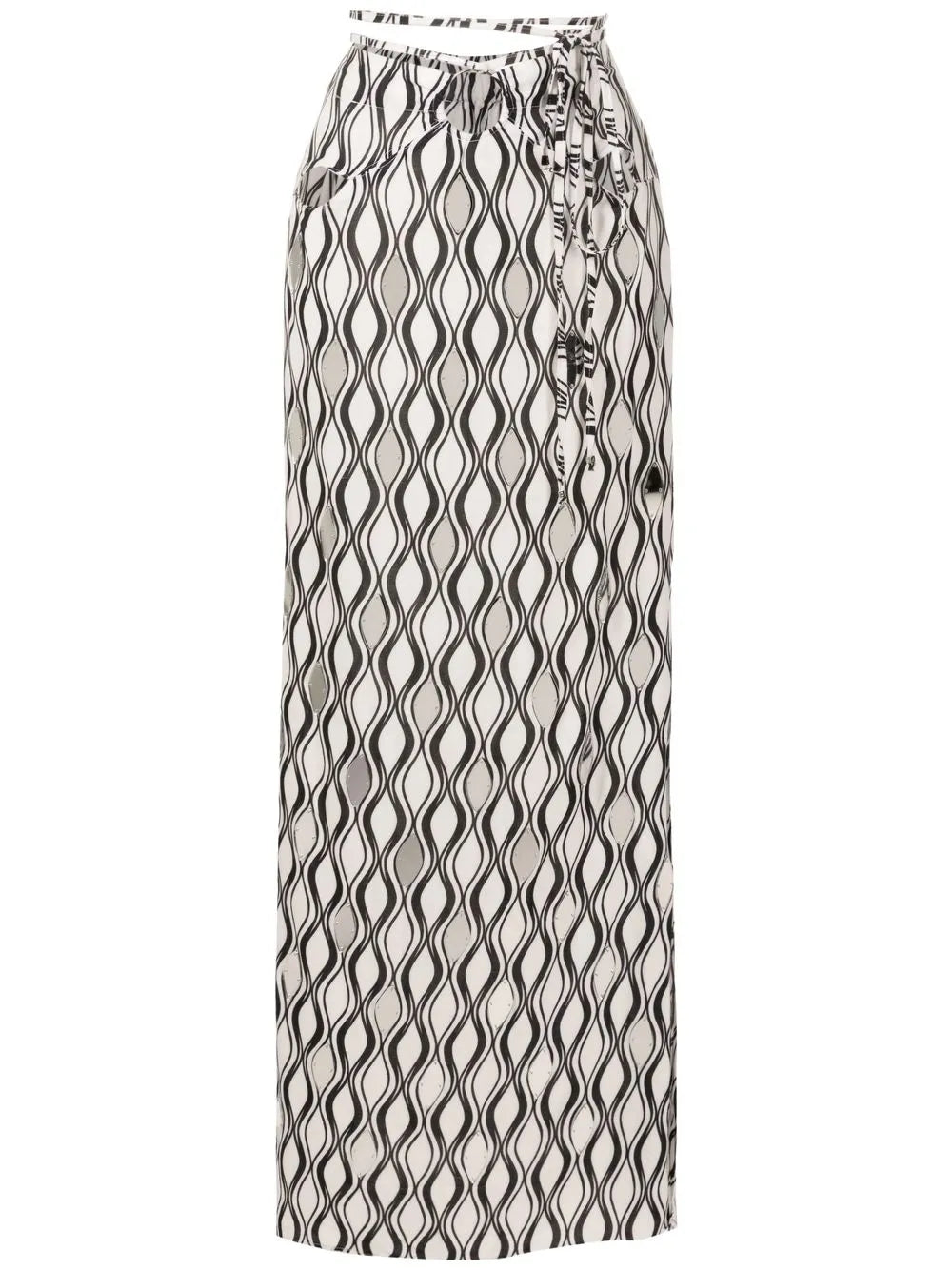 Tie-Fastening Wave-Print Maxi Skirt