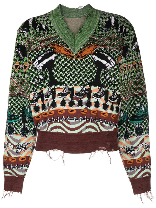 Distressed Patterned Intarsia Knit Jumper