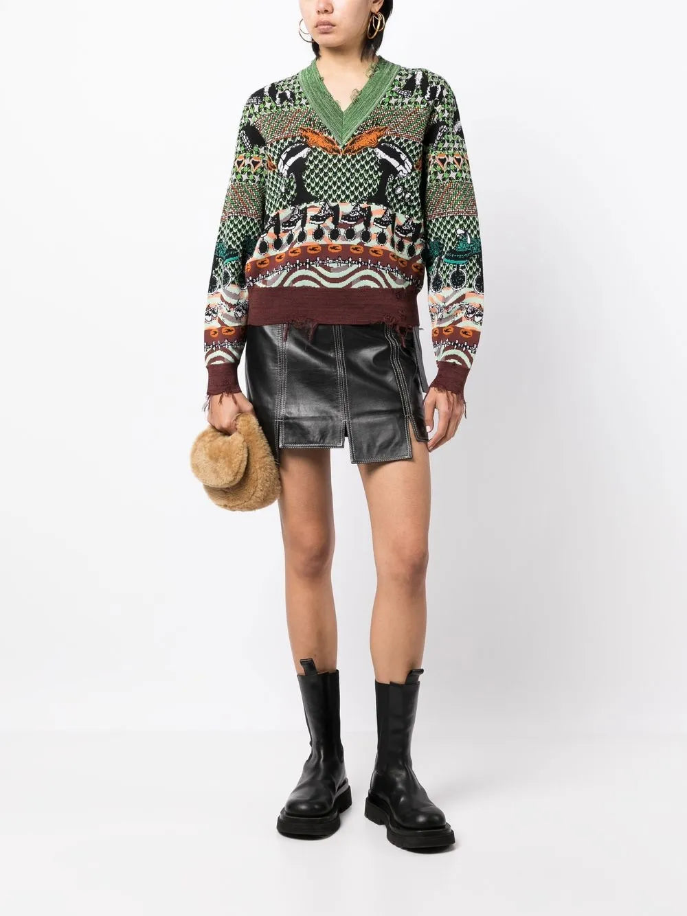 Distressed Patterned Intarsia Knit Jumper