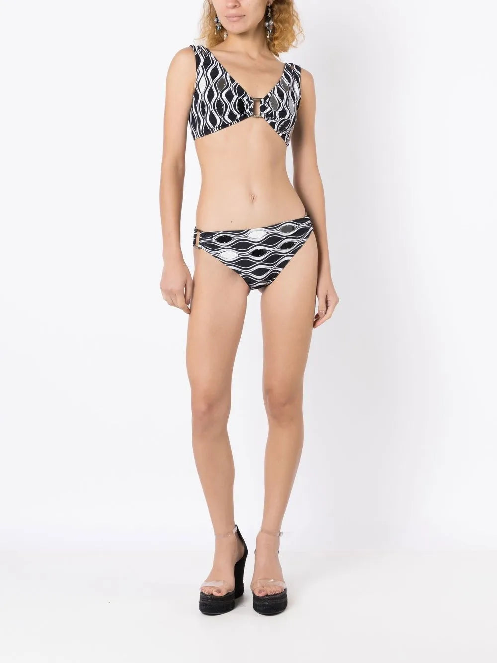 Wave-Print Hardware-Detail Bikini Set
