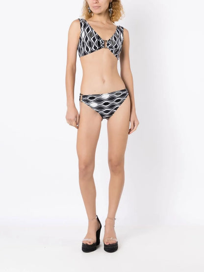 Wave-Print Hardware-Detail Bikini Set