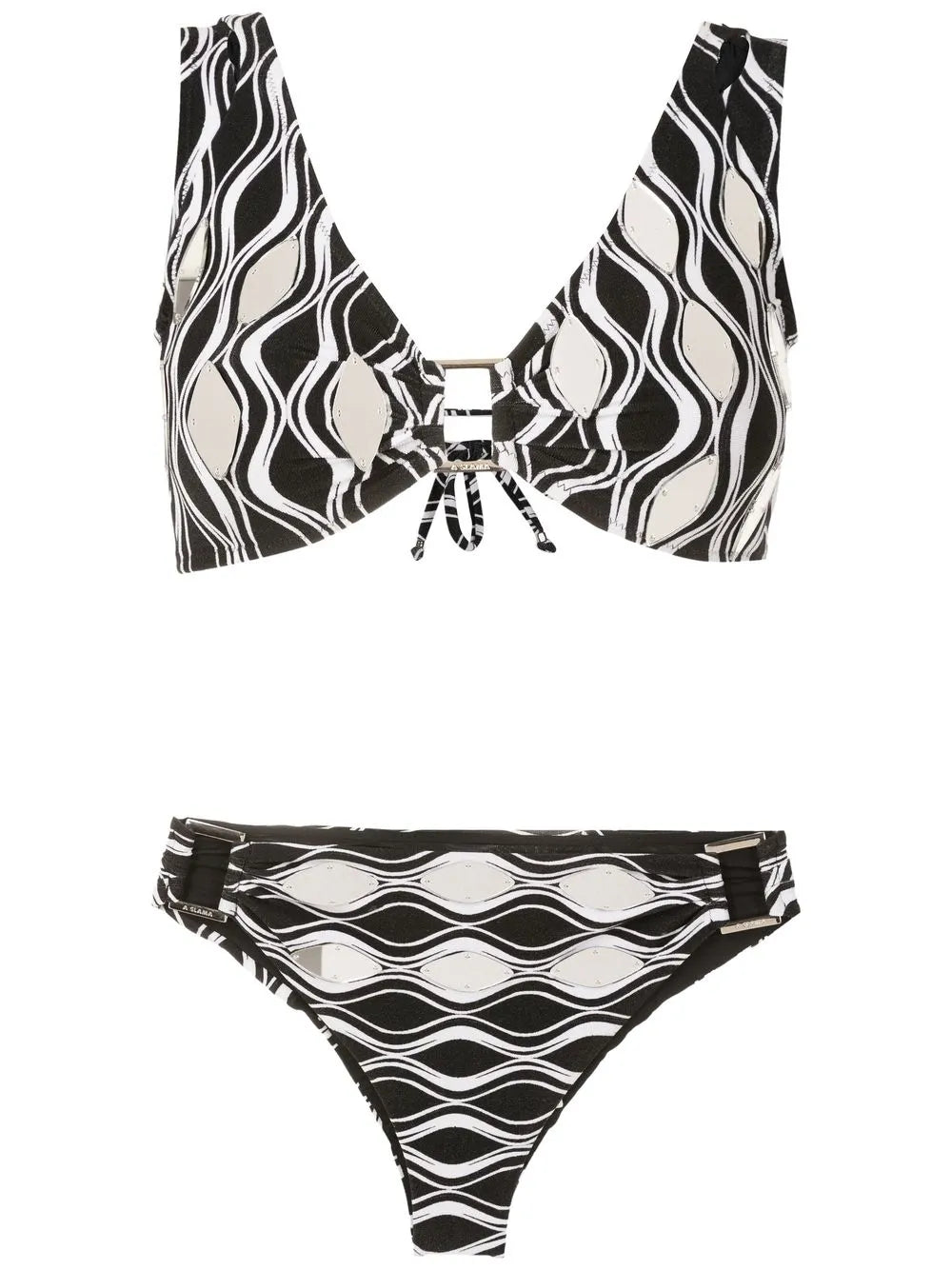 Wave-Print Hardware-Detail Bikini Set