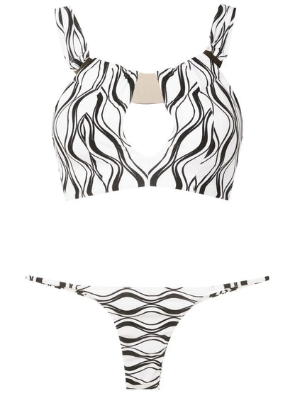 Wave-Print Thong Bikini Set