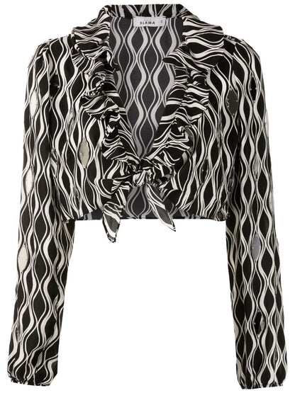Tie-Front Wave-Print Blouse