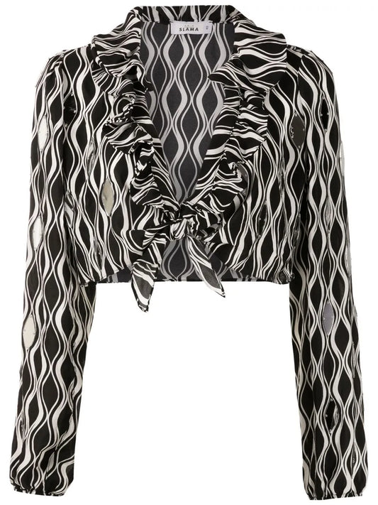 Tie-Front Wave-Print Blouse