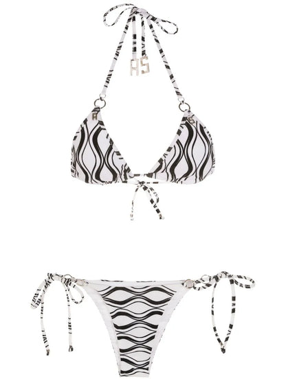 Wave-Print Triangle Bikini Set