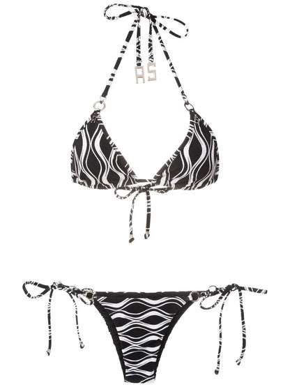 Wave-Print Triangle Bikini Set
