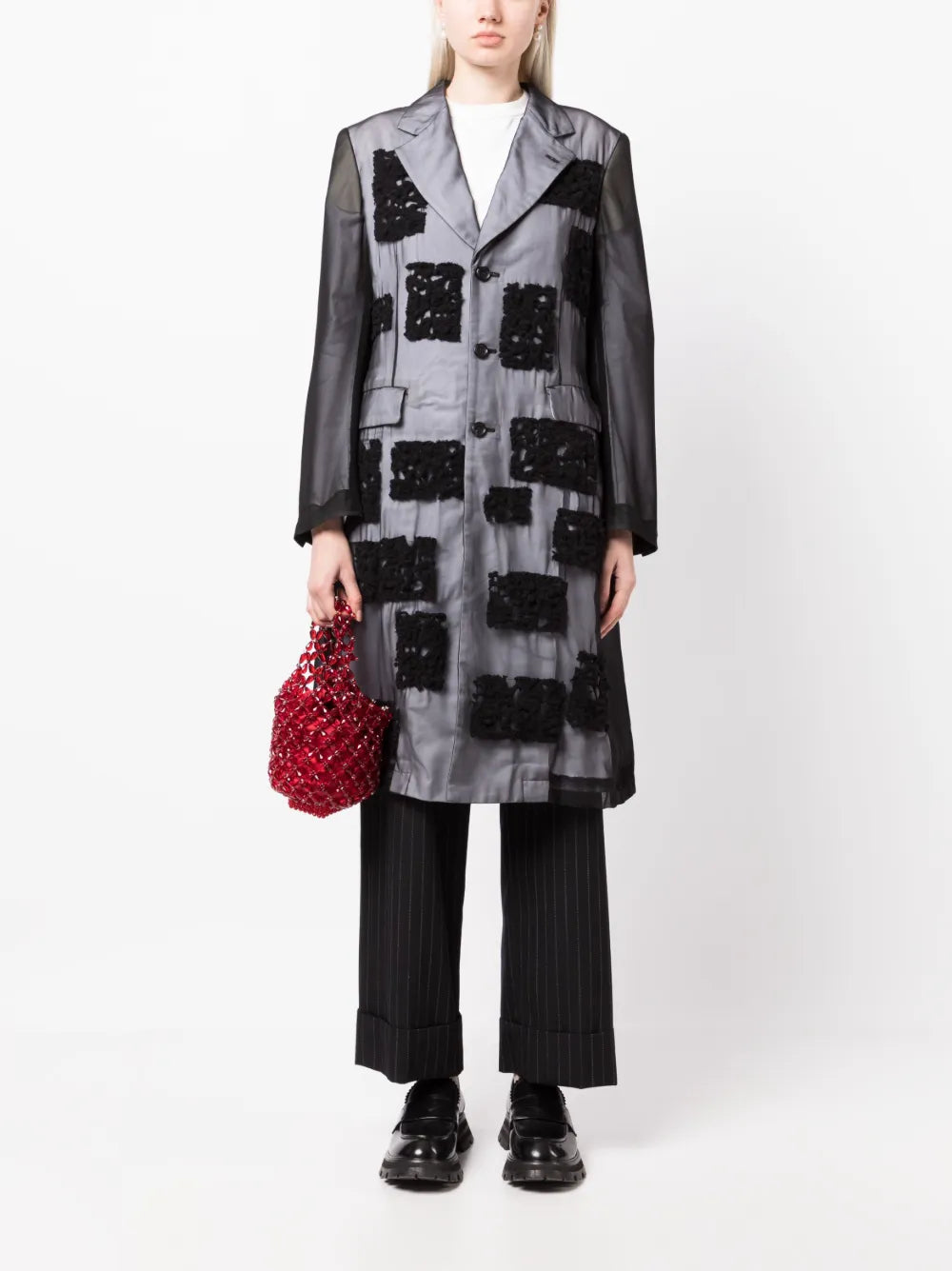 Crochet-Overlay Single-Breasted Coat