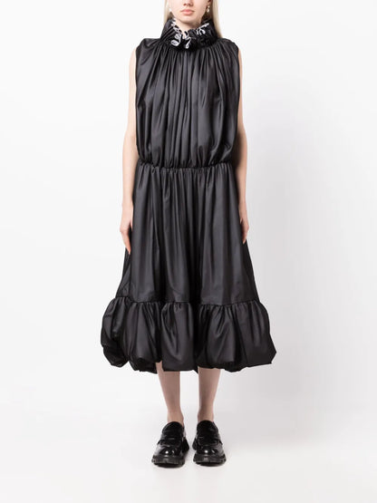 High-Neck Puffball Midi Dress