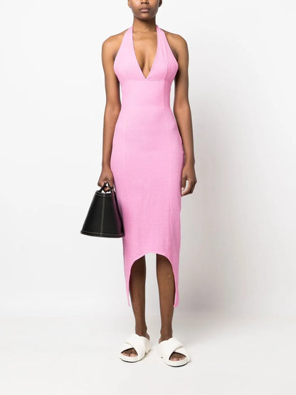 Asymmetric Hem Halterneck Dress
